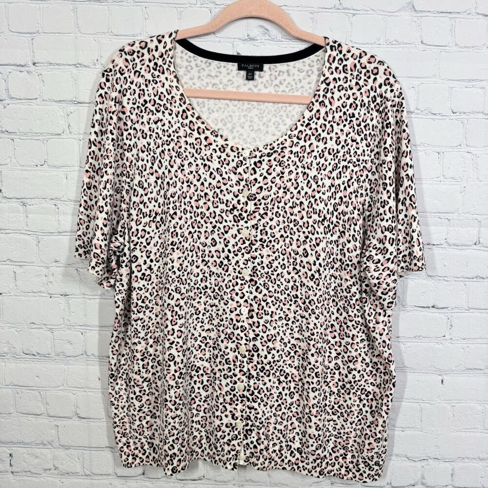 Talbots Blouse Women Plus Size 2X Animal Print Black Pink Front Button Casual